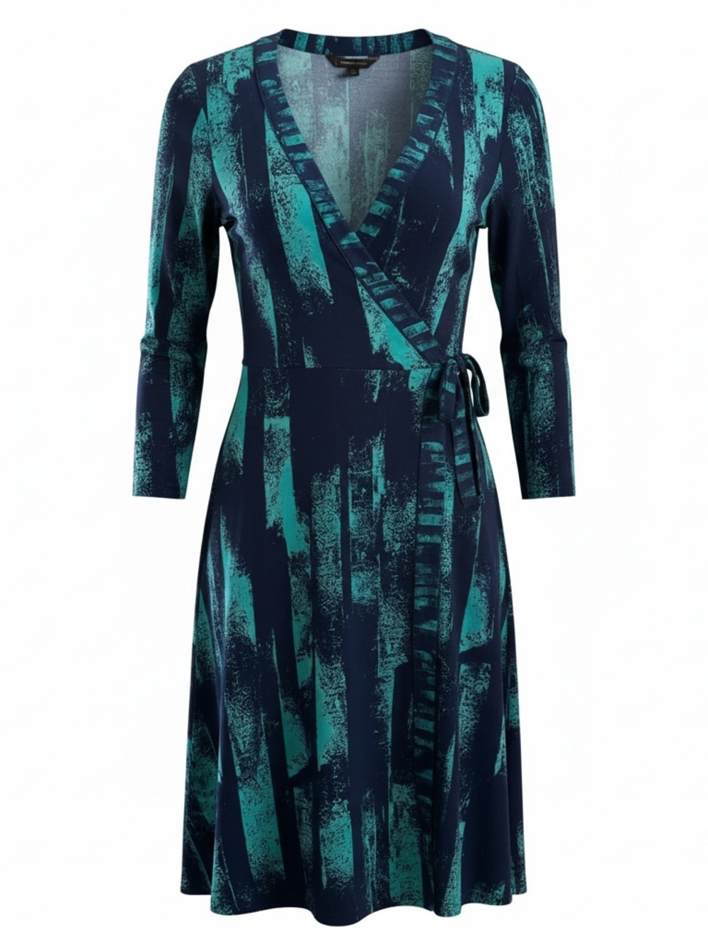 BCBGMaxAzria Wrap Dress | Size Large | Abstract Print | Midi | Blue Teal